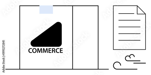 Commerce delivery, logistics, shipping, document transfer, online shopping, business solutions. Box labeled Commerce and a moving document. E-commerce and logistics for efficient shipping services