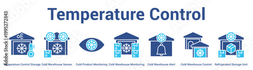Temperature Control web banner icon set vector illustration concept for business with icon of Temperature Control Storage, Cold Warehouse Sensor, Cold Product Monitoring, Cold Warehouse Monitoring, C.
