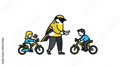 A whimsical illustration of a bird teaching children to ride bicycles.