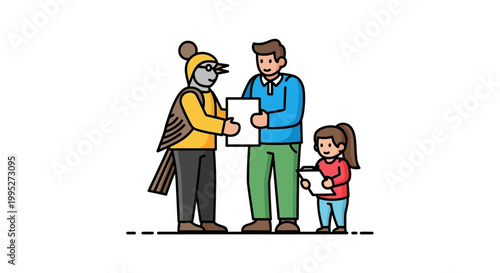 Family receiving a document from a person in a bird costume.