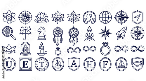 Minimalist outline icon set with nautical celestial and adventure related signs.