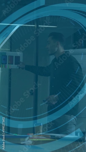 Vertical video: Host pointing panel, aide tapping pad, HUD popping, writing board for design review