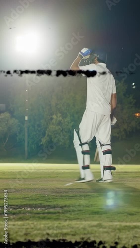 Vertical video: Bowler run sparking sports batsman swinging facing ball while glitch hiding or showi