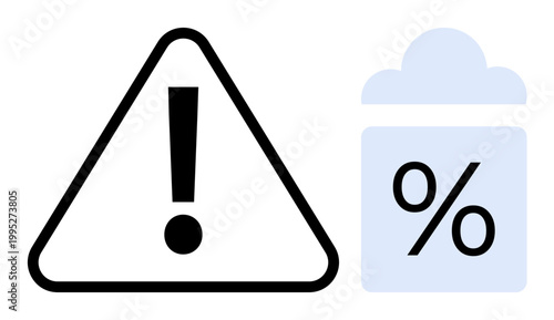 Risk assessment, financial warning, data analysis, statistical trends, percentage value, safety protocols. A warning triangle with an exclamation mark beside a percentage icon in a blue cloud shape