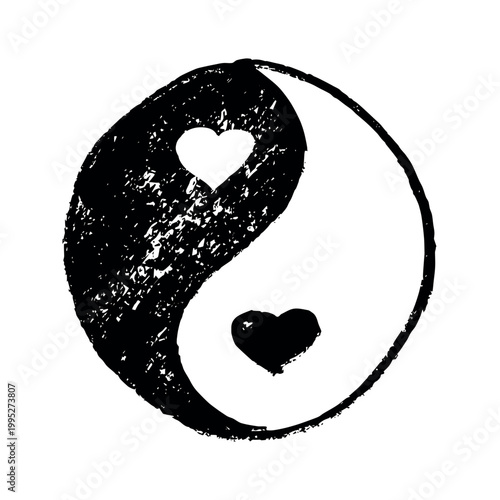 Hand drawn yin yang symbol with hearts Zen and Tao Harmony and balance Black and white yin and yang sign Taichi, Taoism, Buddhism, Japan, Chinese, Asian, yoga, meditation, karma, peace, dualism