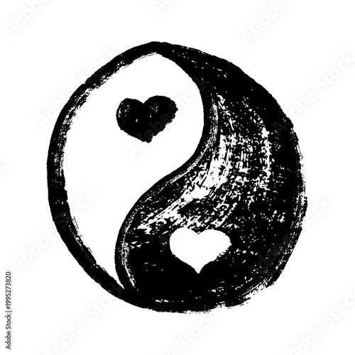 Hand drawn yin yang symbol with hearts Zen and Tao Harmony and balance Black and white yin and yang sign Taichi, Taoism, Buddhism, Japan, Chinese, Asian, yoga, meditation, karma, peace, dualism
