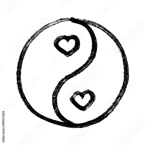 Hand drawn yin yang symbol with hearts Zen and Tao Harmony and balance Black and white yin and yang sign Taichi, Taoism, Buddhism, Japan, Chinese, Asian, yoga, meditation, karma, peace, dualism