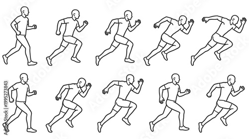 Sequence of human figure running line art icons showing different motion phases.