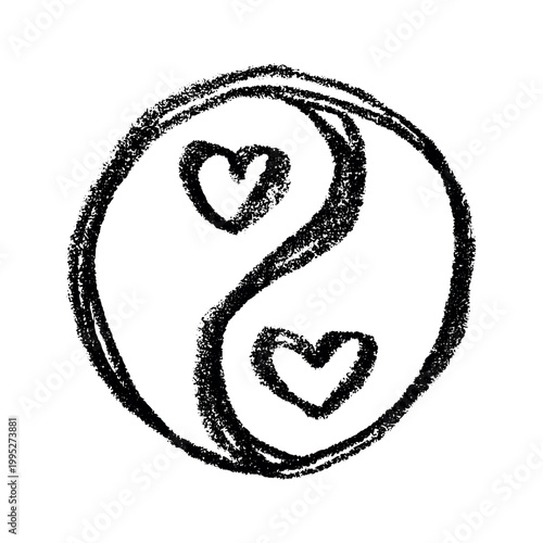 Hand drawn yin yang symbol with hearts Zen and Tao Harmony and balance Black and white yin and yang sign Taichi, Taoism, Buddhism, Japan, Chinese, Asian, yoga, meditation, karma, peace, dualism