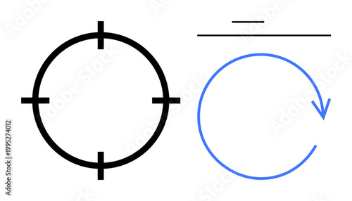 Focus, strategy, progress, optimization, goal-setting, task management. Black circular target and blue reload arrow with a dynamic line. Focus and progress concept for growth and direction