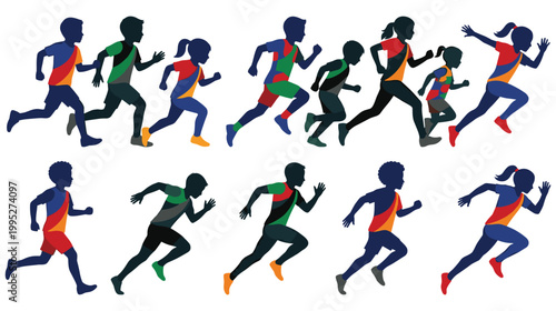 Athletic children and adults running silhouettes with colorful sports uniforms.