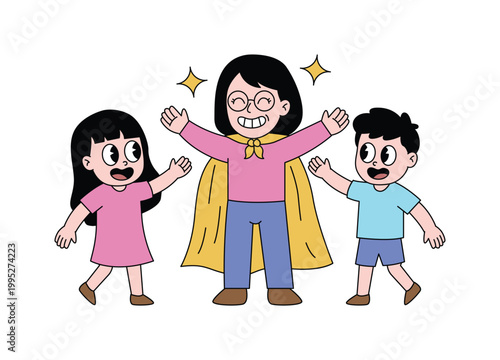 Happy superhero woman with two children celebrating.