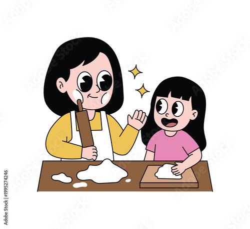 Mother and daughter baking together with flour and dough.