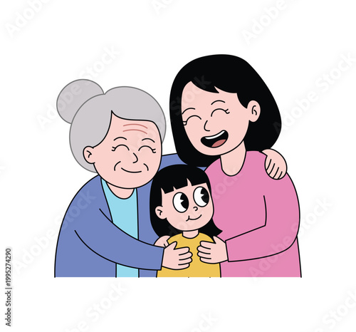 Three Generations of Women Hugging Happily Together.
