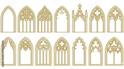 Set of gothic window architectural elements, outlines on white background.