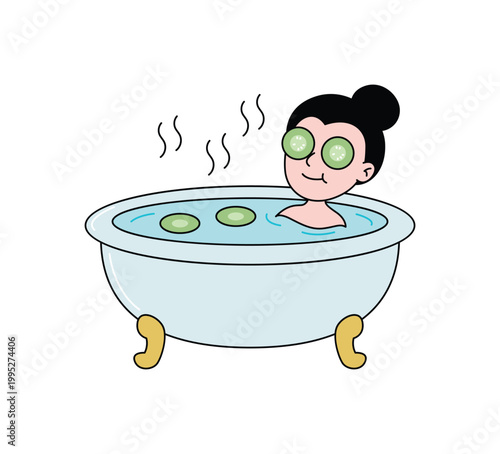 Woman Relaxing in Bathtub with Cucumber Slices.