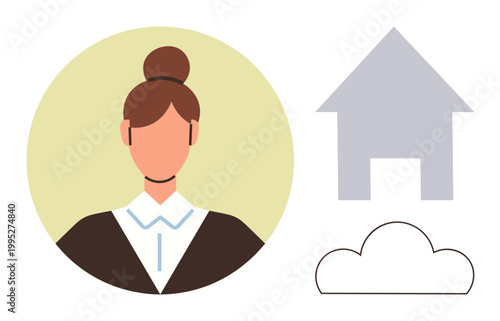 Work from home, cloud computing, remote jobs, business, digital economy, technology trends. A woman in formal attire next to a house and cloud icon. Work from home and cloud computing concepts