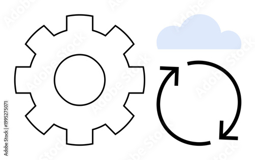 Technology, automation, cloud storage, process management, workflow, synchronization. Gear, cloud and circular arrows. Technology and automation concepts illustrated by simple symbolic shapes