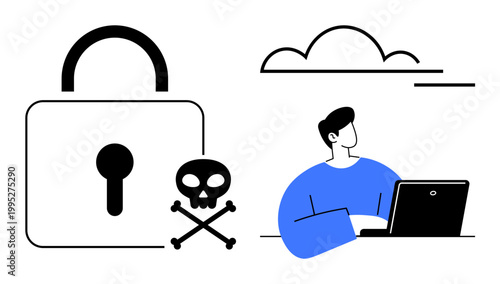 Cybersecurity, cloud computing, data protection, online threats, hacking awareness, secure browsing. Lock icon, skull symbol cloud man with laptop. Cybersecurity and cloud computing risks concept