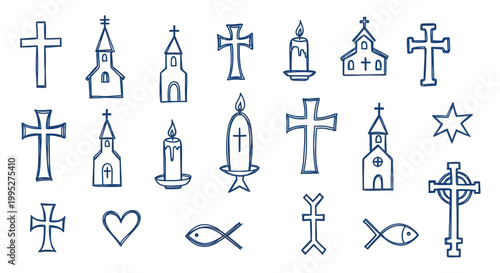 Photography Collection of Hand-Drawn Christian Symbols and Religious Icons.