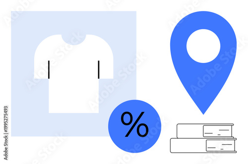 Online shopping, discounts, navigation, education, e-commerce platforms, retail stores. White shirt, blue percentage symbol location marker black-stacked books. Retail and discounts illustration