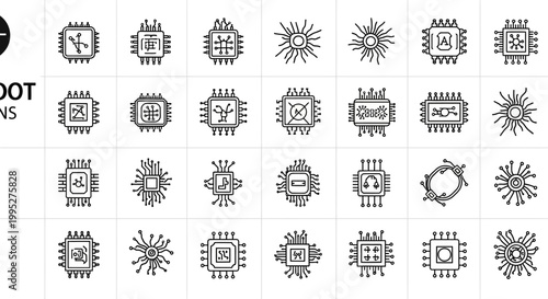 Collection of stylized microchip and processor icons.