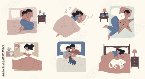 Collection of people sleeping in various comfortable positions in bed.