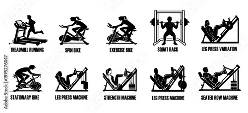 Gym Workout Silhouette Set – Fitness Training, Treadmill Running, Cycling, Leg Press, Weightlifting Machine Vector Icons