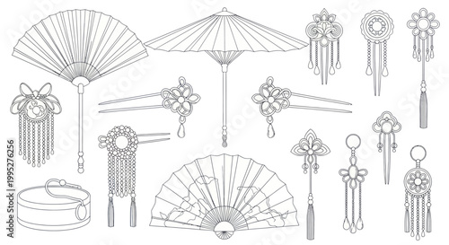 Collection of Traditional Chinese Hair Ornaments Fans and Umbrella Line Art.
