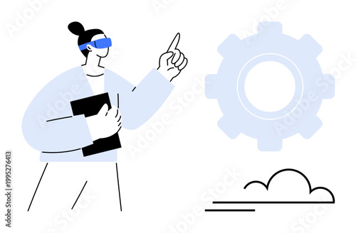 Technology development, innovation, automation, future vision, concept design, virtual interaction. A person in futuristic glasses pointing at a gear symbol near a cloud. Technology development