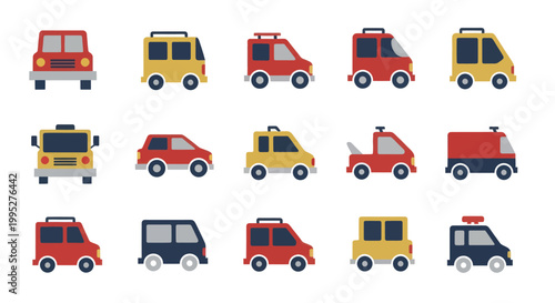 Collection of various cartoon cars and vehicles in a flat design style.