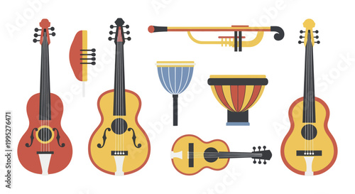 Collection of Various Musical Instruments Displayed Together.