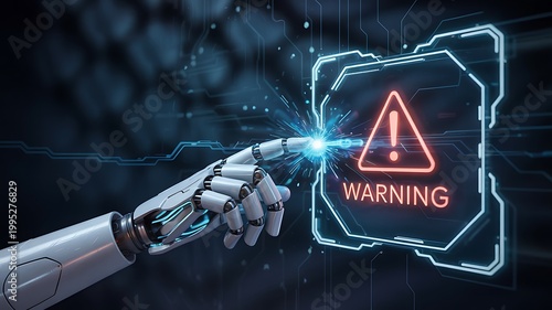 Artificial intelligence warning concept with robotic hand touching digital alert interface and cyber risk visualization