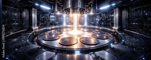Advanced industrial reactor chamber with glowing energy beam over metal platform, futuristic manufacturing machine scene, precision technology production.