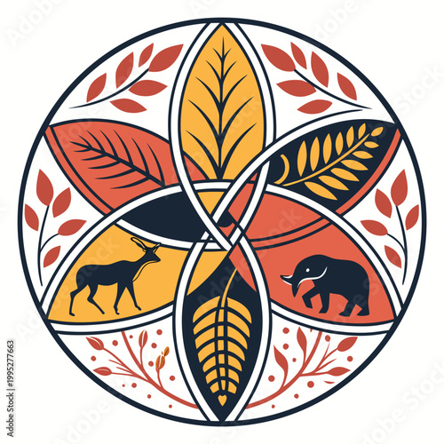 Photography Circular design with animals and plants, folk art style.