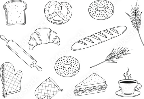 Hand drawn bakery items and baking tools collection