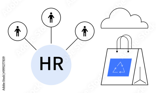 Human resources, sustainability, recruitment, cloud technology, online shopping, business management. HR icon connected to people, cloud and bag with recycling symbol. Human resources