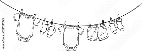 Delicate baby clothes drying on a clothesline illustration