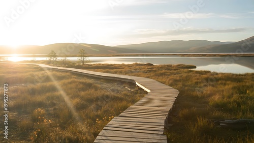Wooden boardwalk path leading through serene wetlands at golden hour sunset landscape view