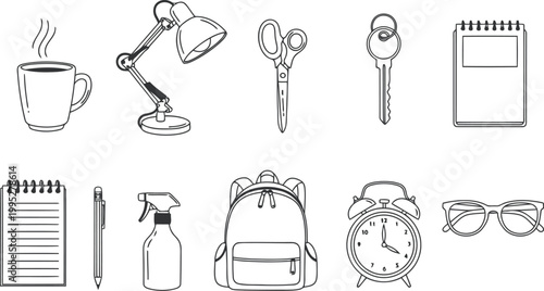 Collection of hand drawn school and office supplies on white background