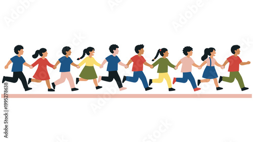 Illustration of diverse group of happy children holding hands and running along.