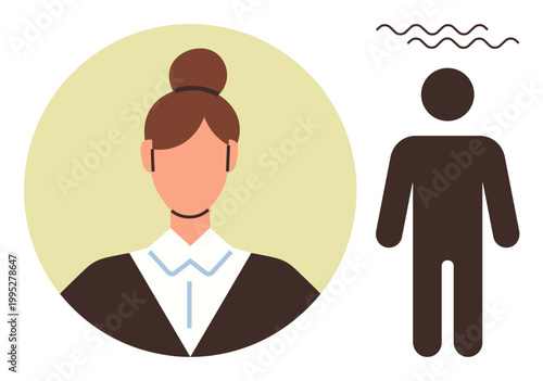 Mental health, workplace stress, communication, emotional well-being, people concepts, abstract design. Female figure in profile and human icon with wavy lines. Mental health and workplace stress