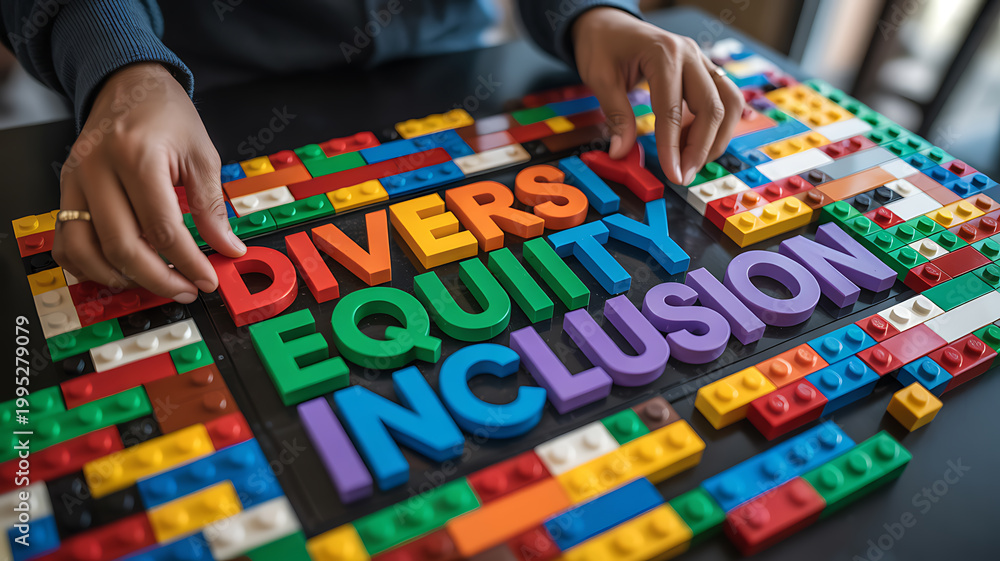 Fototapeta premium Hands arranging colorful blocks spelling diversity equity inclusion symbolizing financial stability and economic growth