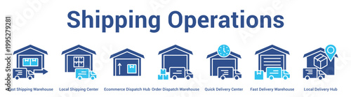 Shipping Operations web banner icon set vector illustration concept for business with icon of Fast Shipping Warehouse, Local Shipping Center, Ecommerce Dispatch Hub, Order Dispatch Warehouse, Qu.