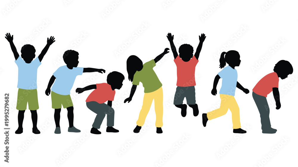 Fototapeta premium Children silhouettes jumping playing squatting bending in colorful clothing.