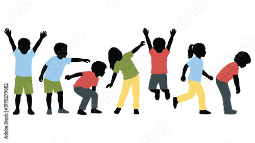 Children silhouettes jumping playing squatting bending in colorful clothing.