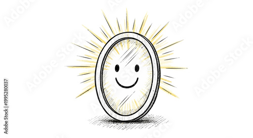 Happy smiling mirror reflecting light, concept of self-esteem and positivity