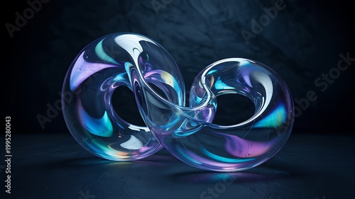 Transparent abstract infinity shape with glossy fluid glass effect on dark background