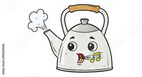 Singing Kettle with Steam and Music Notes