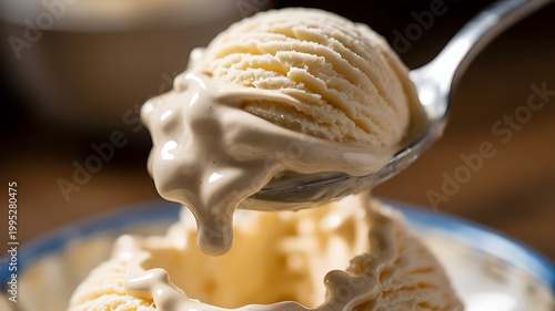 Creamy vanilla ice cream scoop melting on a silver spoon with soft natural lighting close up